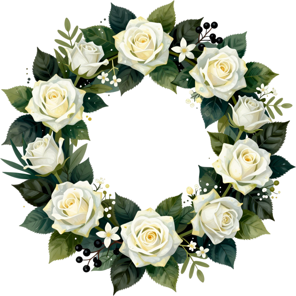 - White Rose Wreath Accent with Rich Greenery and Dark Berries, classic Flower PNG Clipart Design for timeless elegance Free PNG Download