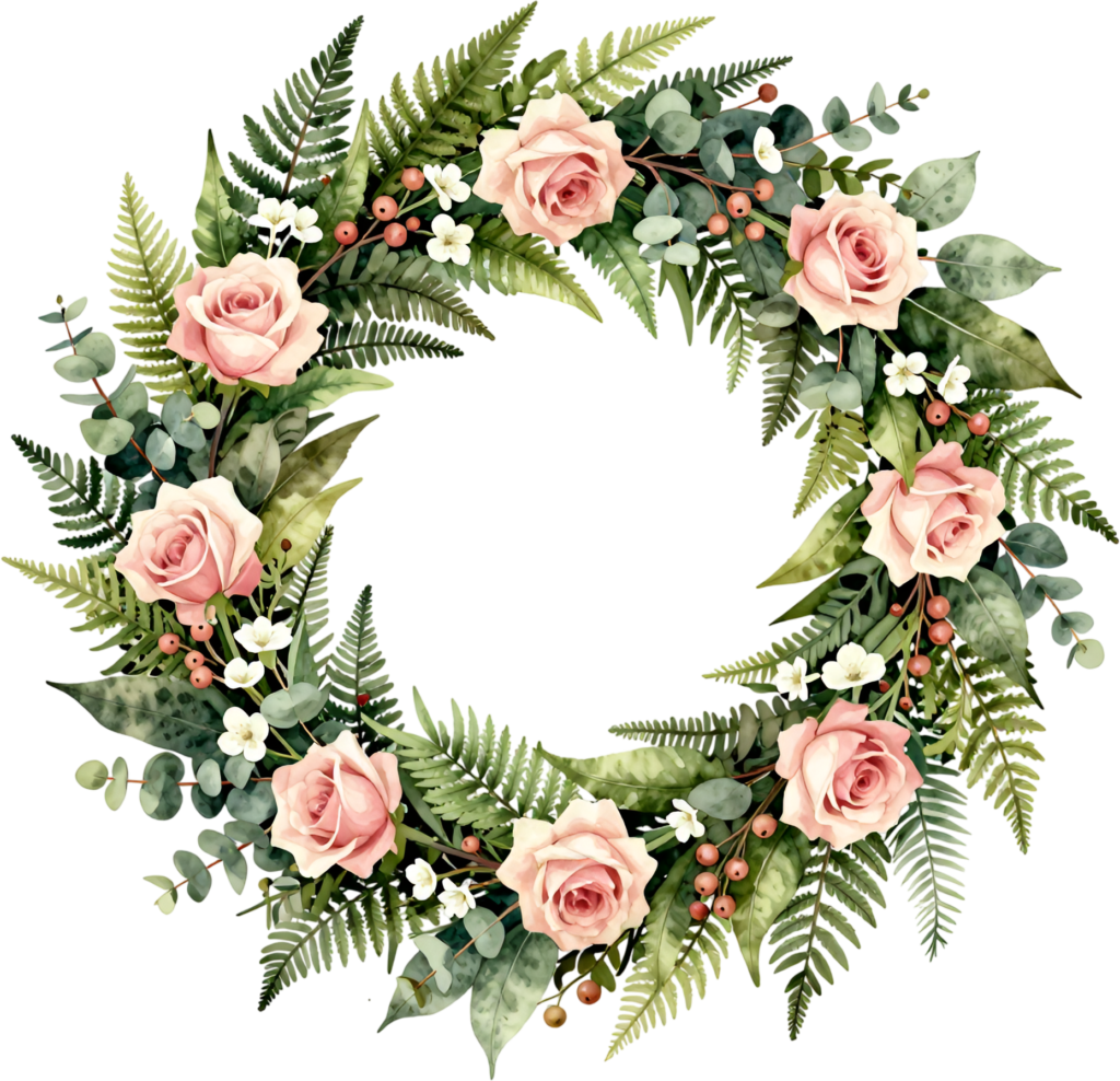 Eucalyptus Rose Wreath Element adorned with Lush Ferns and Red Berries, charming Flower PNG Clipart for rustic charm 1 - Eucalyptus Rose Wreath Element adorned with Lush Ferns and Red Berries, charming Flower PNG Clipart for rustic charm Free PNG Download