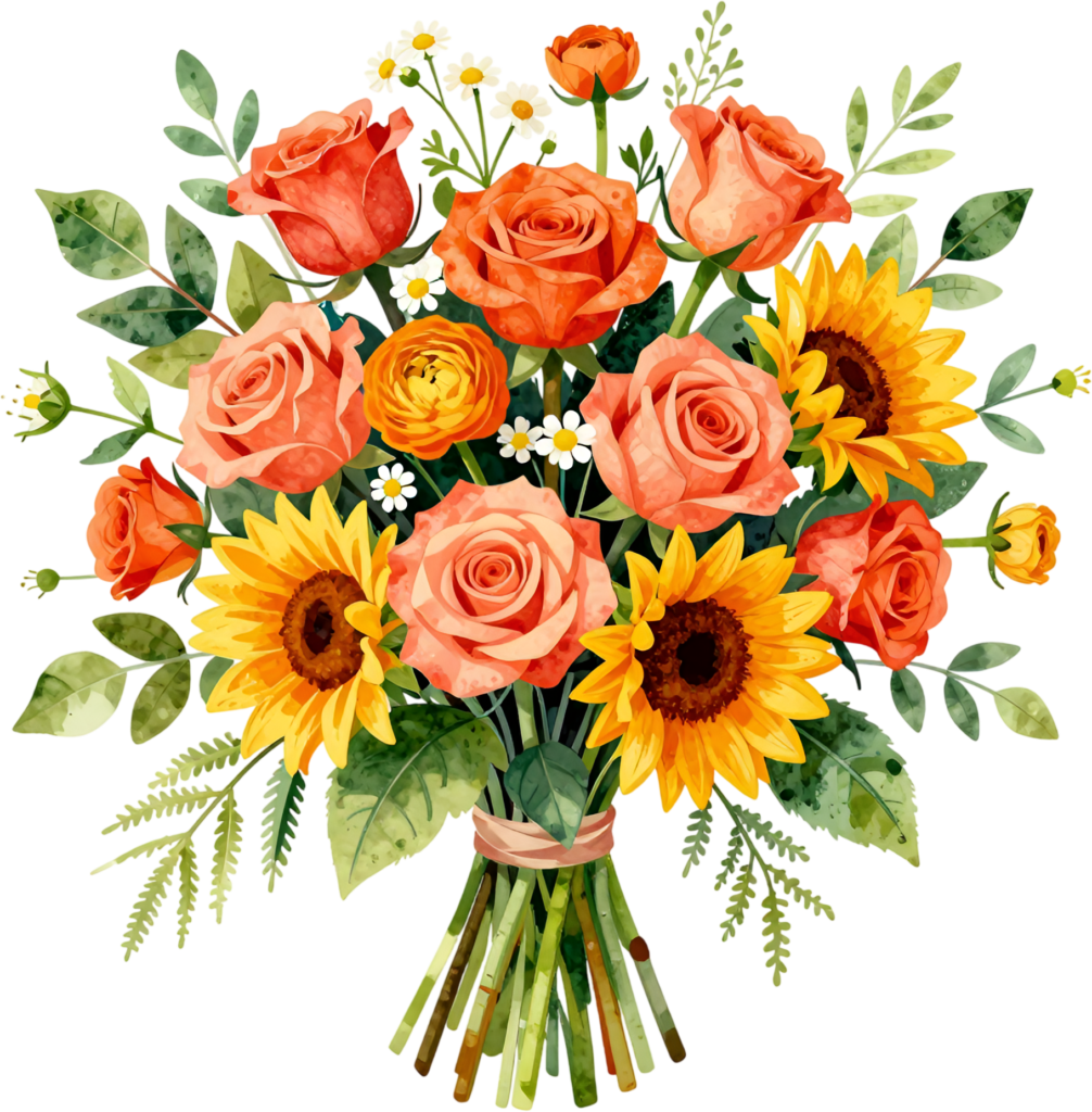 - Bouquet of Sunflowers and Orange Roses for Summer Celebrations, a beautiful PNG Wedding Clipart Free PNG Download