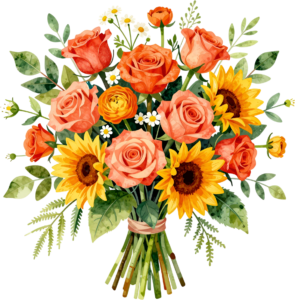 Bouquet of Sunflowers and Orange Roses for Summer Celebrations, a beautiful PNG Wedding Clipart
