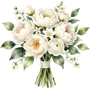 White Peony Bouquet Artwork for Elegant Bridal Shower Invitations, high-quality PNG Clipart Wedding