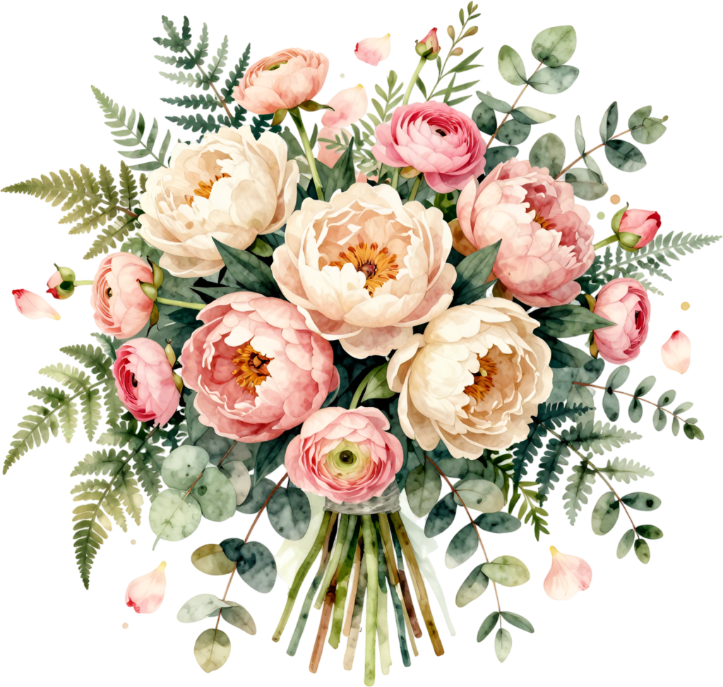 - Romantic Peony and Ranunculus Bouquet Clipart perfect for Vintage Wedding Decor, a beautiful PNG Asset Free PNG Download