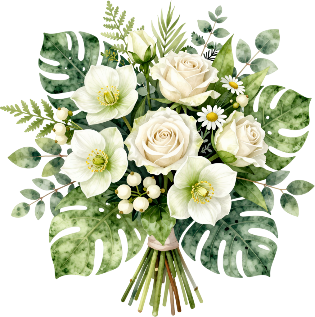 Exotic White Hellebore and Monstera Leaf Clipart perfect for Tropical Wedding Themes, a chic PNG Bouquet 1 - Exotic White Hellebore and Monstera Leaf Clipart perfect for Tropical Wedding Themes, a chic PNG Bouquet Free PNG Download