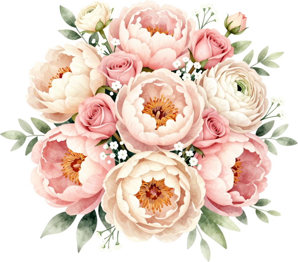 Lush Peonies and Roses Bouquet Clipart, ideal for Classic Wedding Invitations and Decor, pretty PNG Asset 1 - Lush Peonies and Roses Bouquet Clipart, ideal for Classic Wedding Invitations and Decor, pretty PNG Asset Free PNG Download