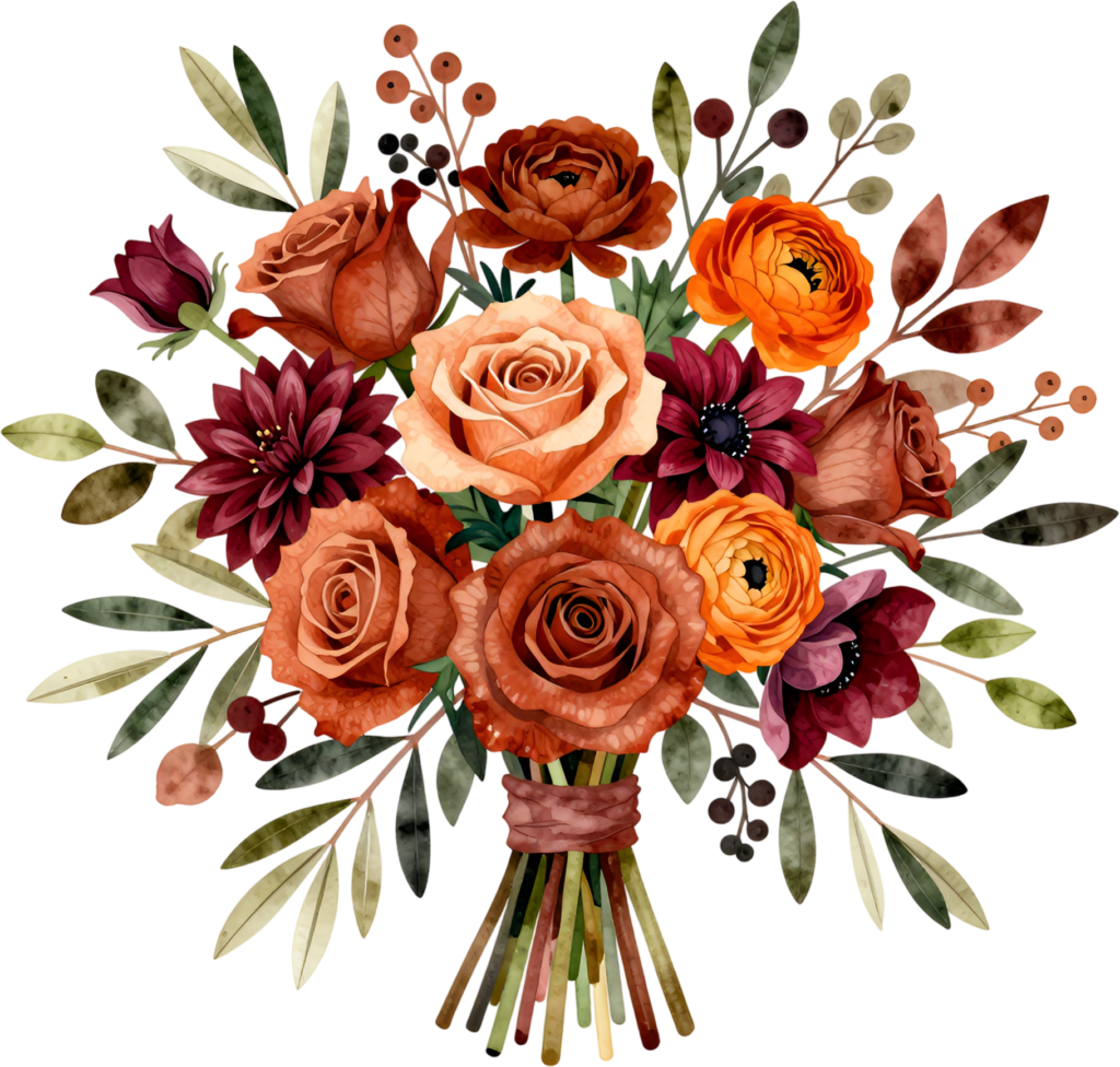 - Autumnal Flower Bouquet Clipart featuring Rust Roses and Dahlias for Fall Wedding Designs, a warm PNG Asset Free PNG Download