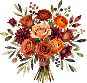Autumnal Flower Bouquet Clipart featuring Rust Roses and Dahlias for Fall Wedding Designs, a warm PNG Asset