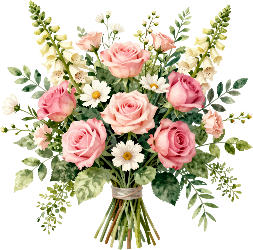 Classic Pink Rose Bouquet Clipart with Daisies and Foxgloves, perfect for Garden Wedding stationery, lovely PNG 1 - Classic Pink Rose Bouquet Clipart with Daisies and Foxgloves, perfect for Garden Wedding stationery, lovely PNG Free PNG Download