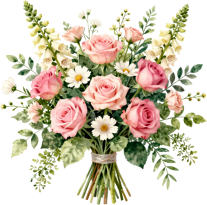 Classic Pink Rose Bouquet Clipart with Daisies and Foxgloves, perfect for Garden Wedding stationery, lovely PNG