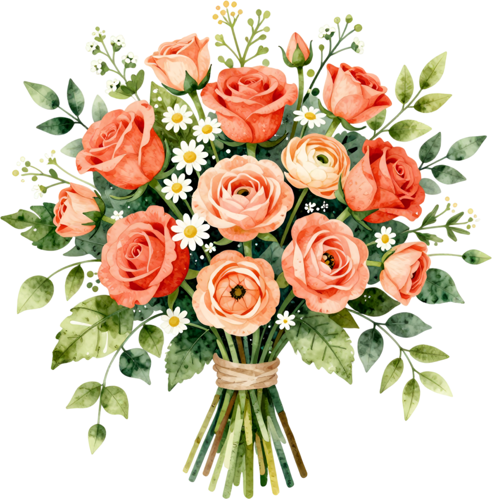 Fresh Coral Rose and Ranunculus Bouquet Clipart for vibrant Spring Wedding Invites, a cheerful PNG Asset 1 - Fresh Coral Rose and Ranunculus Bouquet Clipart for vibrant Spring Wedding Invites, a cheerful PNG Asset Free PNG Download