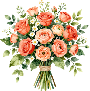 Fresh Coral Rose and Ranunculus Bouquet Clipart for vibrant Spring Wedding Invites, a cheerful PNG Asset