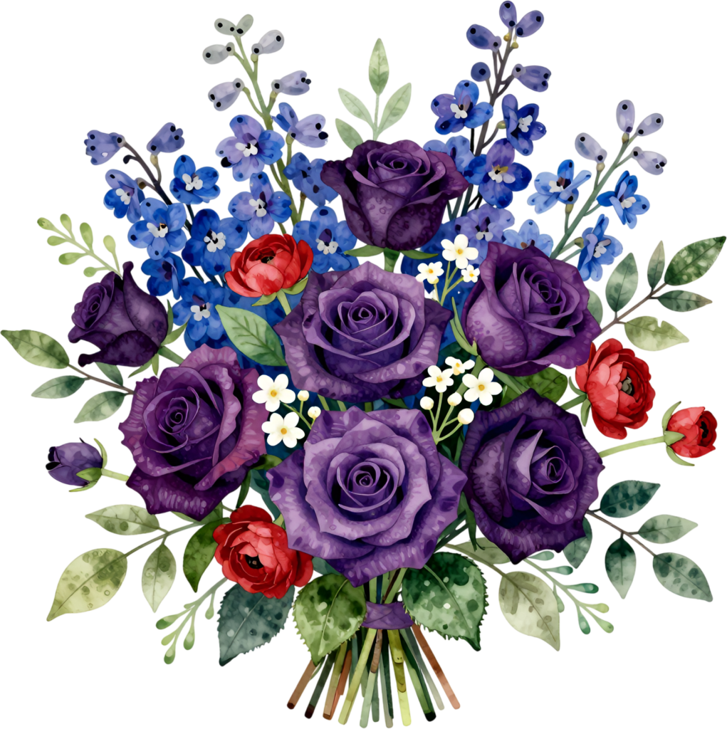 Dramatic Purple Rose and Blue Delphinium Bouquet Clipart for unique Gothic Wedding themes, striking PNG graphic 1 - Dramatic Purple Rose and Blue Delphinium Bouquet Clipart for unique Gothic Wedding themes, striking PNG graphic Free PNG Download