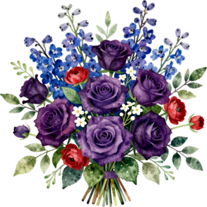 Dramatic Purple Rose and Blue Delphinium Bouquet Clipart for unique Gothic Wedding themes, striking PNG graphic