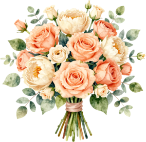 Warm Peach Rose and Peony Bouquet Clipart for inviting Spring Wedding stationery, charming PNG design element