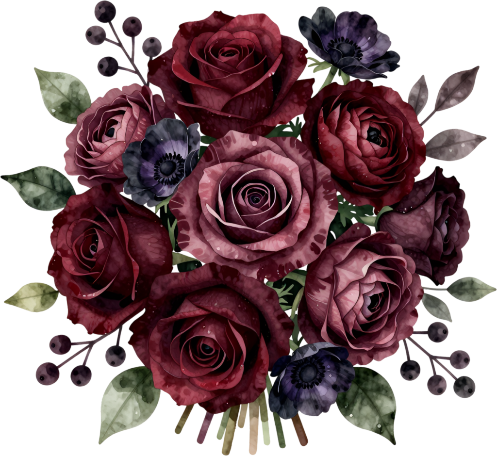 Moody Burgundy Rose Bouquet Clipart with Dark Anemones for sophisticated Gothic Wedding stationery, striking PNG graphic 1 - Moody Burgundy Rose Bouquet Clipart with Dark Anemones for sophisticated Gothic Wedding stationery, striking PNG graphic Free PNG Download