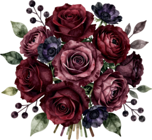 Moody Burgundy Rose Bouquet Clipart with Dark Anemones for sophisticated Gothic Wedding stationery, striking PNG graphic