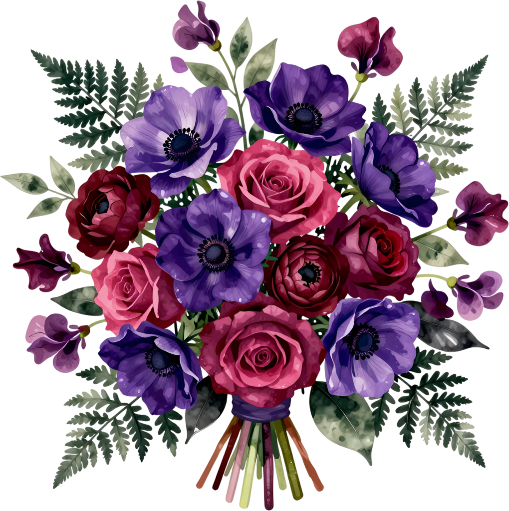 Bold Purple Anemone and Pink Rose Bouquet Clipart for lively Spring Wedding stationery, a colorful PNG graphic 1 - Bold Purple Anemone and Pink Rose Bouquet Clipart for lively Spring Wedding stationery, a colorful PNG graphic Free PNG Download
