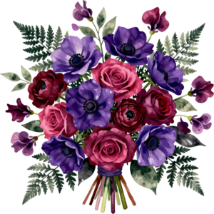 Bold Purple Anemone and Pink Rose Bouquet Clipart for lively Spring Wedding stationery, a colorful PNG graphic
