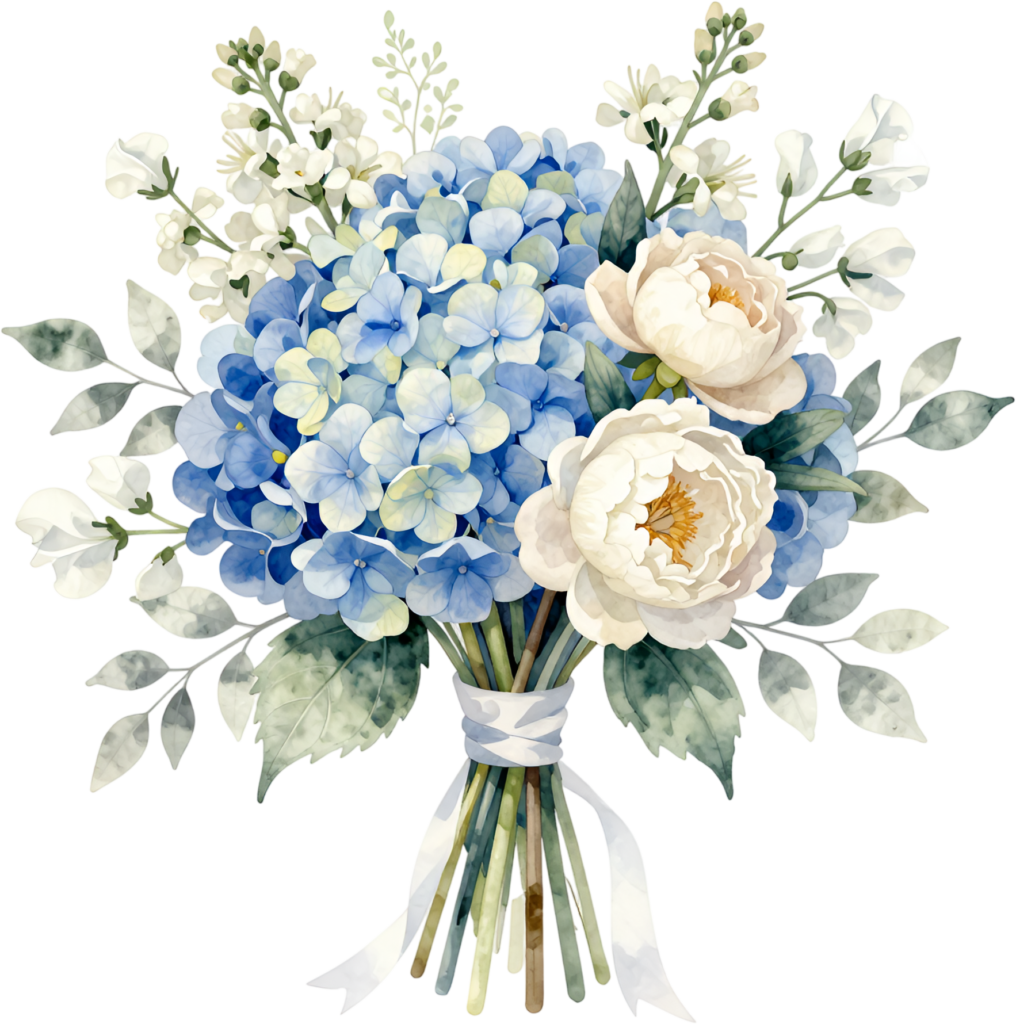 - Fresh Blue Hydrangea and White Peony Bouquet Clipart for refreshing Summer Wedding stationery, a charming PNG asset Free PNG Download