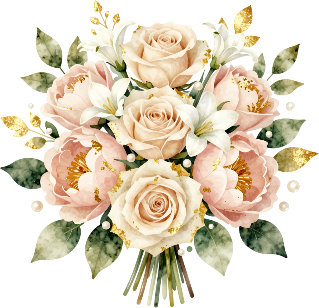 - Luxurious Peony and Rose Bouquet with Gold Accents, a festive PNG Clipart for glamorous Wedding stationery Free PNG Download