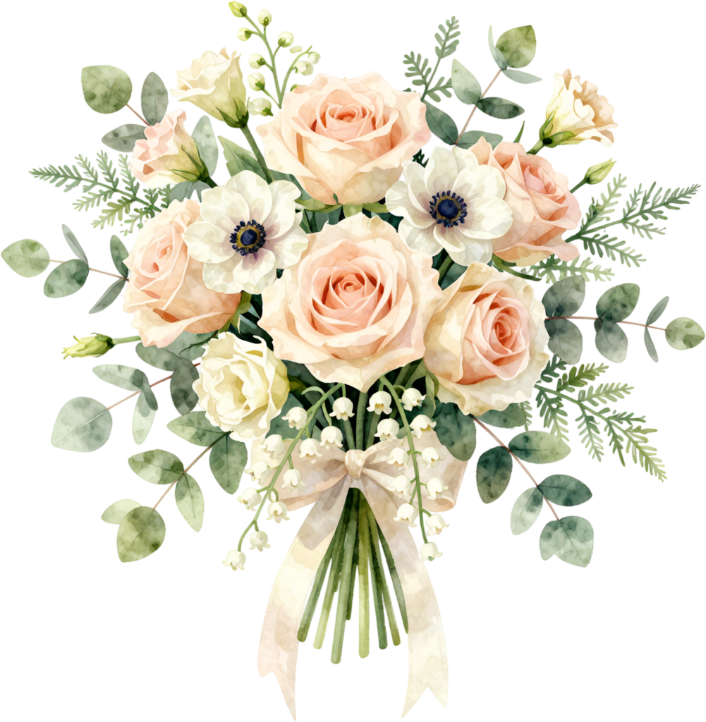 - Rustic Peach Rose, Anemone, and Lily of the Valley Bouquet Clipart for charming Wedding stationery, soft PNG download Free PNG Download