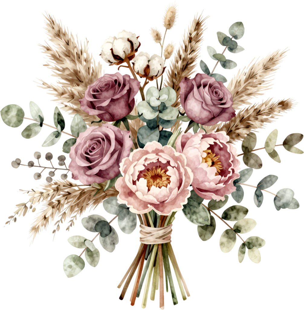 Bohemian Flower Bouquet Clipart featuring Pampas Grass and Dusty Roses for trendy Wedding designs, natural PNG asset 1 - Bohemian Flower Bouquet Clipart featuring Pampas Grass and Dusty Roses for trendy Wedding designs, natural PNG asset Free PNG Download