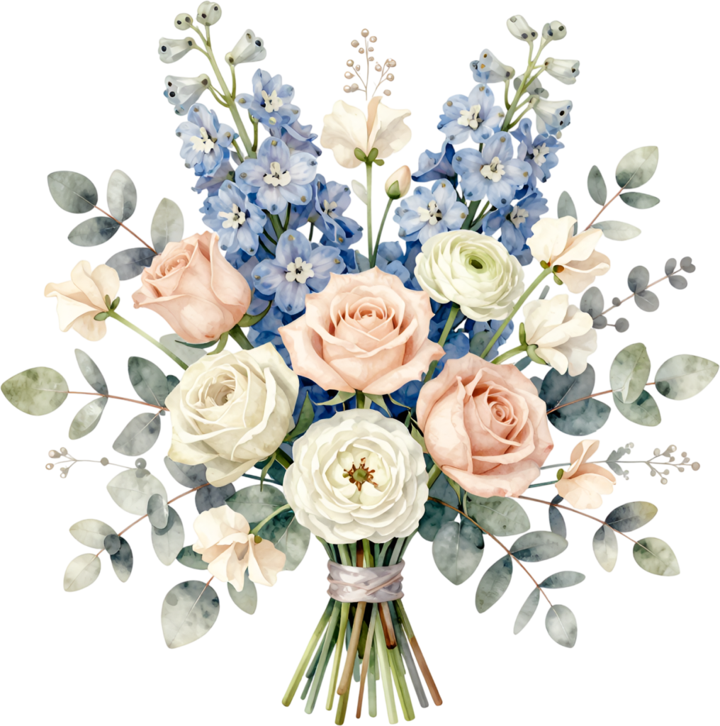 Exquisite Blue Delphinium and Peach Rose Bouquet Clipart for elegant Spring Wedding stationery, a lovely PNG graphic 1 - Exquisite Blue Delphinium and Peach Rose Bouquet Clipart for elegant Spring Wedding stationery, a lovely PNG graphic Free PNG Download