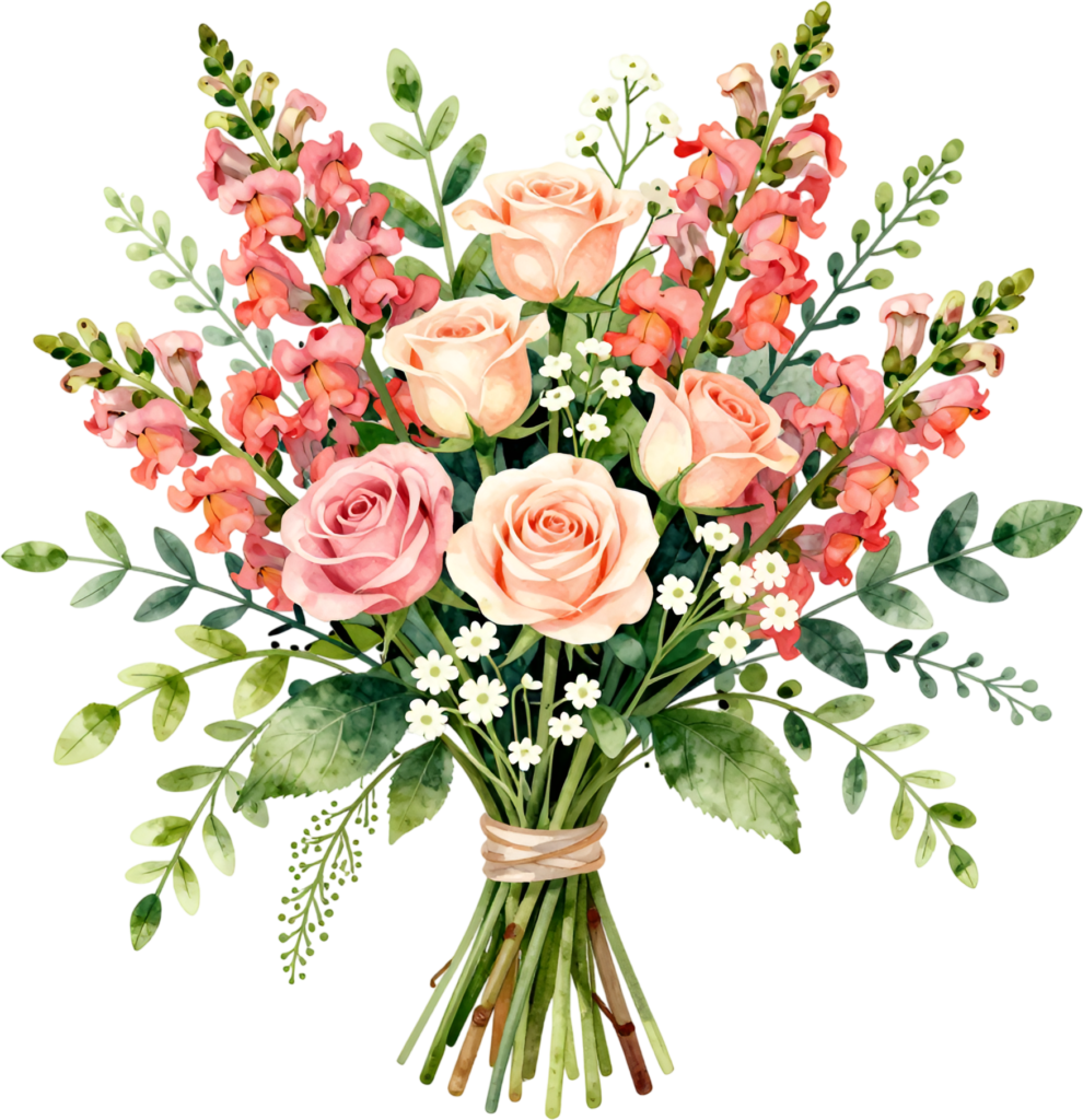 - Vibrant Pink Rose and Snapdragon Bouquet Clipart for cheerful Summer Wedding invitations, a lively PNG asset Free PNG Download