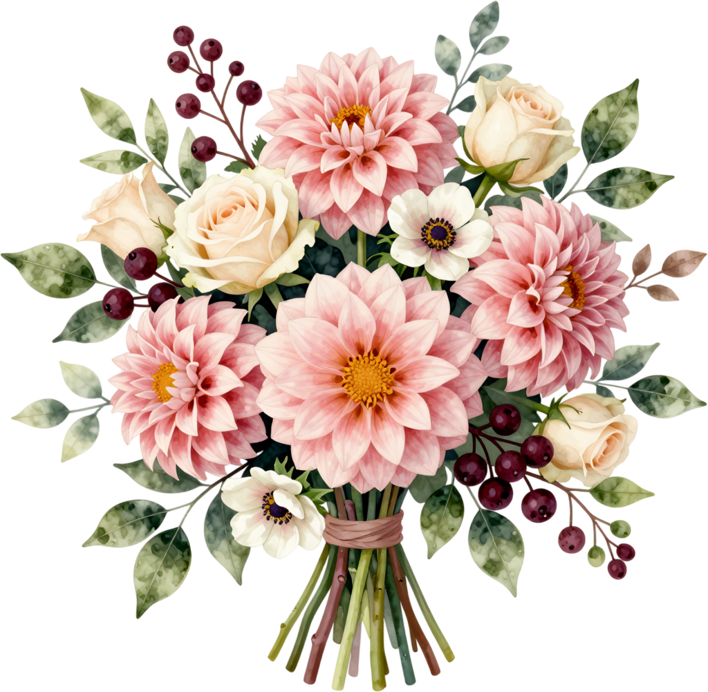 Delicate Pink Dahlia Bouquet Clipart with Cream Roses for sweet Bridal Shower stationery, charming PNG asset 1 - Delicate Pink Dahlia Bouquet Clipart with Cream Roses for sweet Bridal Shower stationery, charming PNG asset Free PNG Download