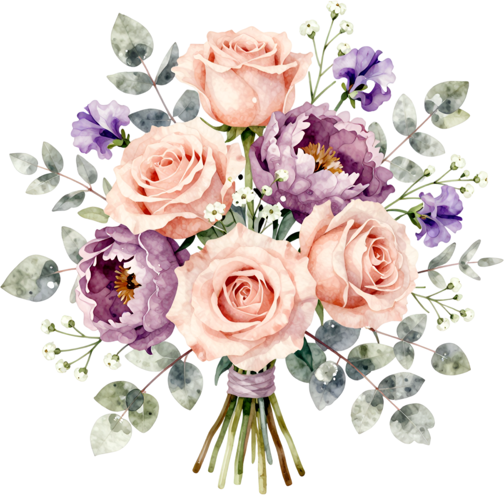 Romantic Pink Rose and Purple Peony Bouquet Clipart for modern Wedding invitations and decor, elegant PNG download 1 - Romantic Pink Rose and Purple Peony Bouquet Clipart for modern Wedding invitations and decor, elegant PNG download Free PNG Download