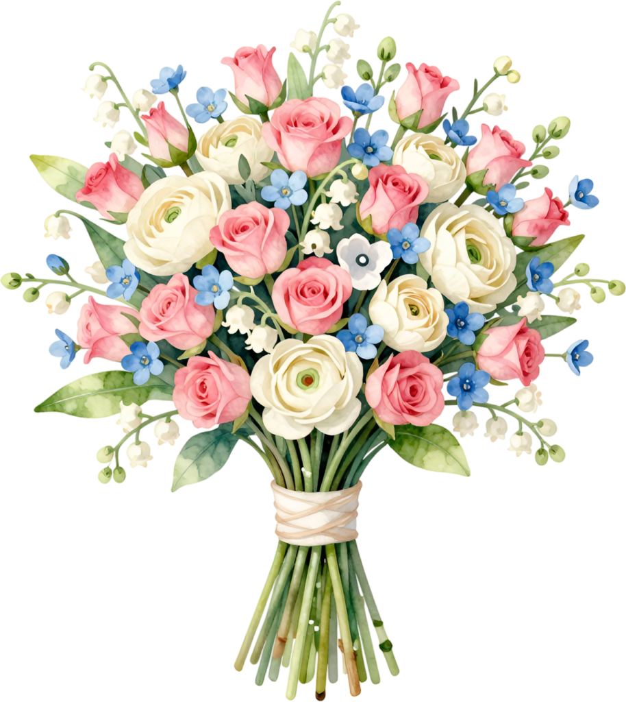 - Classic Pink Rose and Forget-Me-Not Bouquet Clipart for sweet Vintage Wedding invitations, a charming PNG image Free PNG Download