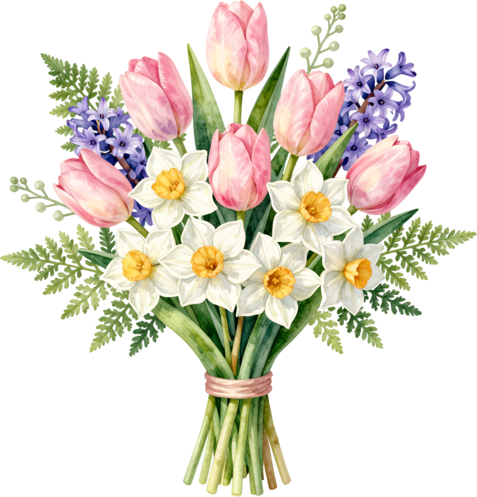 Vibrant Spring Flower Bouquet Clipart featuring Tulips, Daffodils, and Hyacinths for fresh Wedding decor, a festive PNG 1 - Vibrant Spring Flower Bouquet Clipart featuring Tulips, Daffodils, and Hyacinths for fresh Wedding decor, a festive PNG Free PNG Download