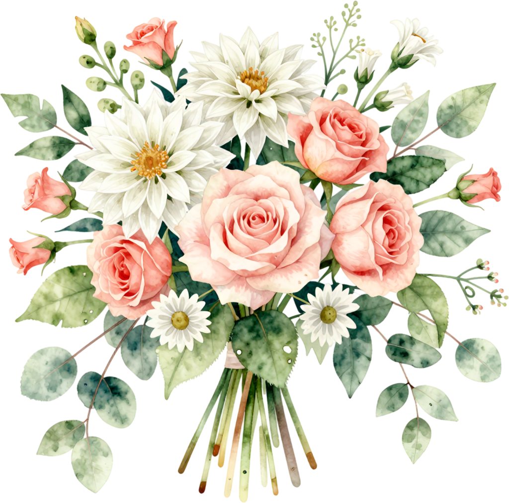 - Elegant White Dahlia and Pink Rose Bouquet Clipart for refined Wedding invitations and bridal stationery, a soft PNG graphic Free PNG Download