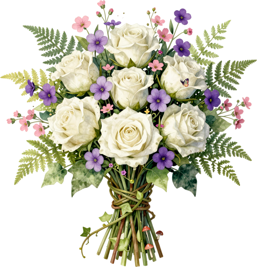 Whimsical Woodland Rose Bouquet Clipart with Ferns and Ivy for enchanting Forest Wedding themes, a charming PNG asset 1 - Whimsical Woodland Rose Bouquet Clipart with Ferns and Ivy for enchanting Forest Wedding themes, a charming PNG asset Free PNG Download