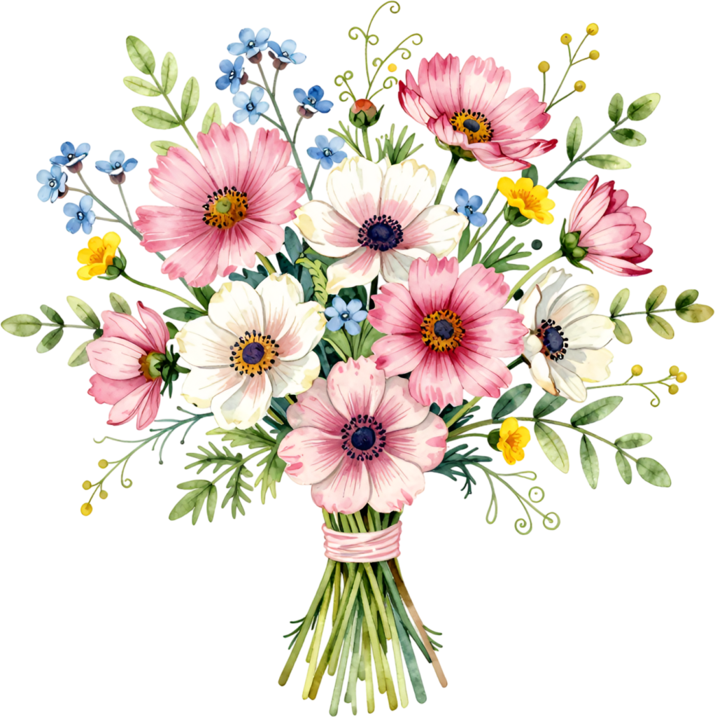 Wildflower Cosmos and Forget-Me-Not Bouquet Clipart for charming Rustic Wedding invitations, a cheerful PNG asset 1 - Wildflower Cosmos and Forget-Me-Not Bouquet Clipart for charming Rustic Wedding invitations, a cheerful PNG asset Free PNG Download