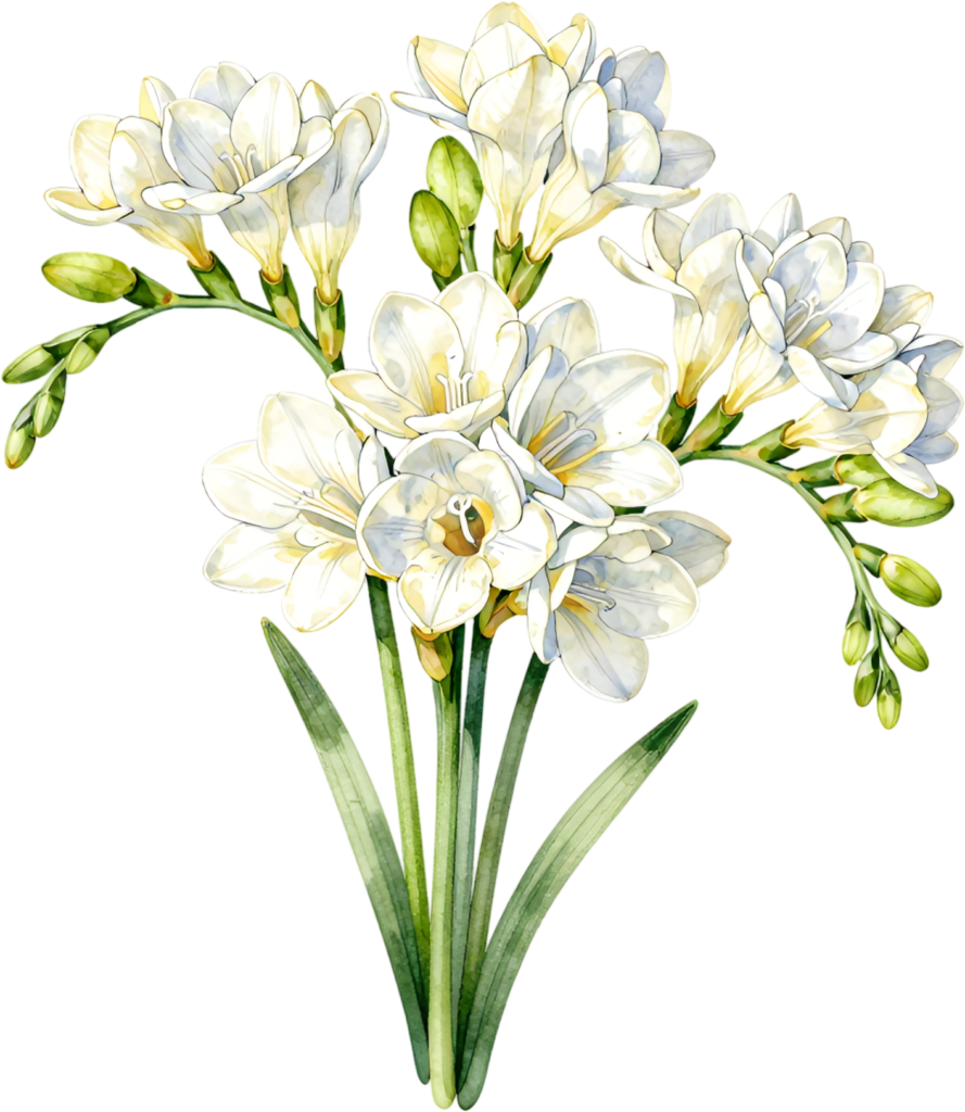 Freesia Bunch, fragrant white Flower PNG illustration perfect for elegant bouquets and sophisticated event stationery 1 - Freesia Bunch, fragrant white Flower PNG illustration perfect for elegant bouquets and sophisticated event stationery Free PNG Download