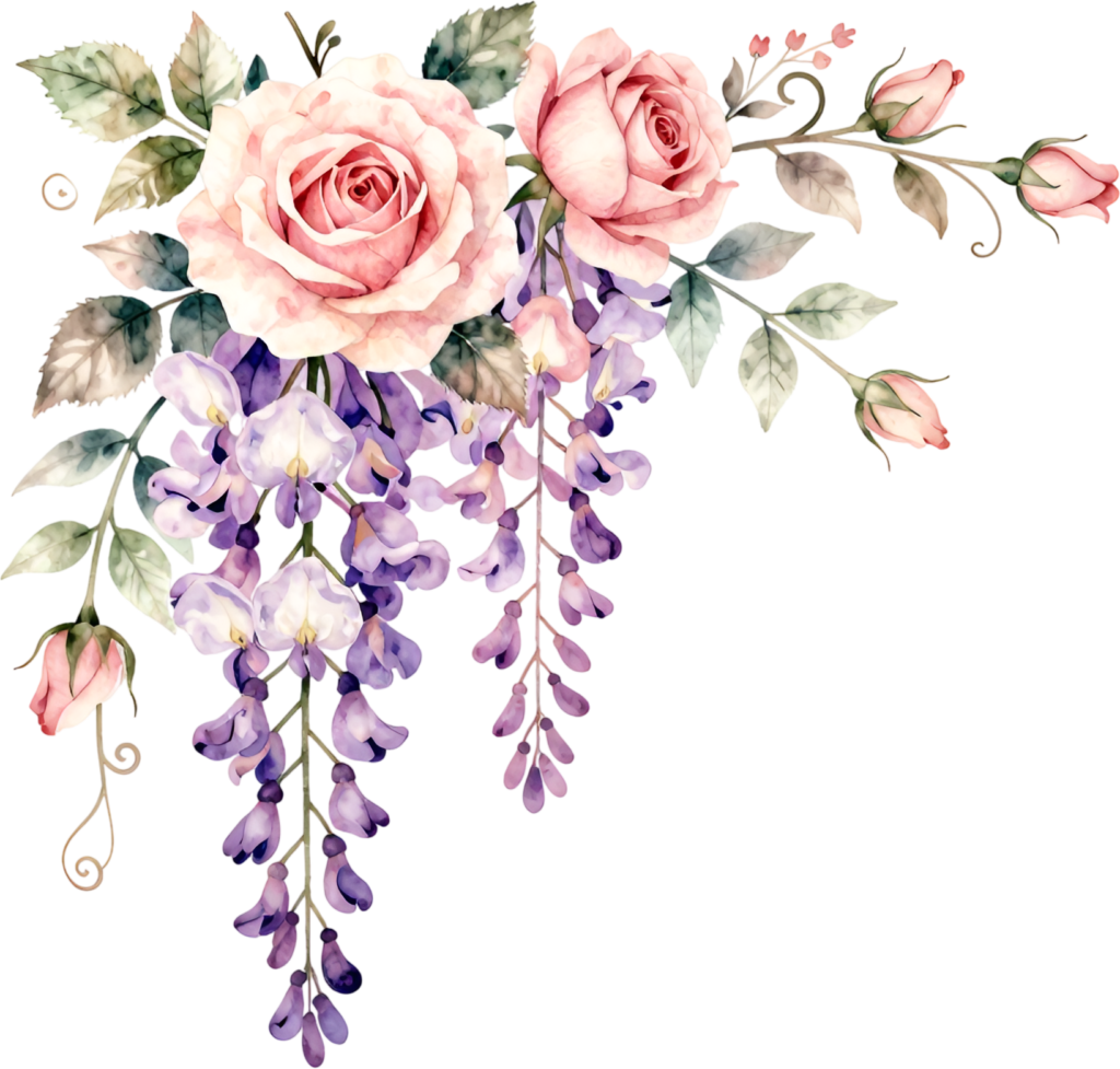 Delicate Wisteria blooms cascading with soft pink roses, a beautiful corner Flower PNG Clipart design artwork 1 - Delicate Wisteria blooms cascading with soft pink roses, a beautiful corner Flower PNG Clipart design artwork Free PNG Download
