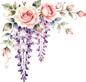 Delicate Wisteria blooms cascading with soft pink roses, a beautiful corner Flower PNG Clipart design artwork