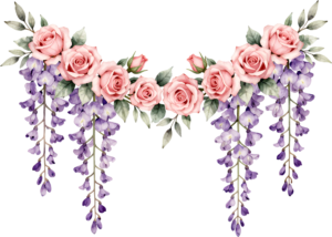 Garland of pink roses and purple wisteria, stunning horizontal Flower PNG Clipart border asset