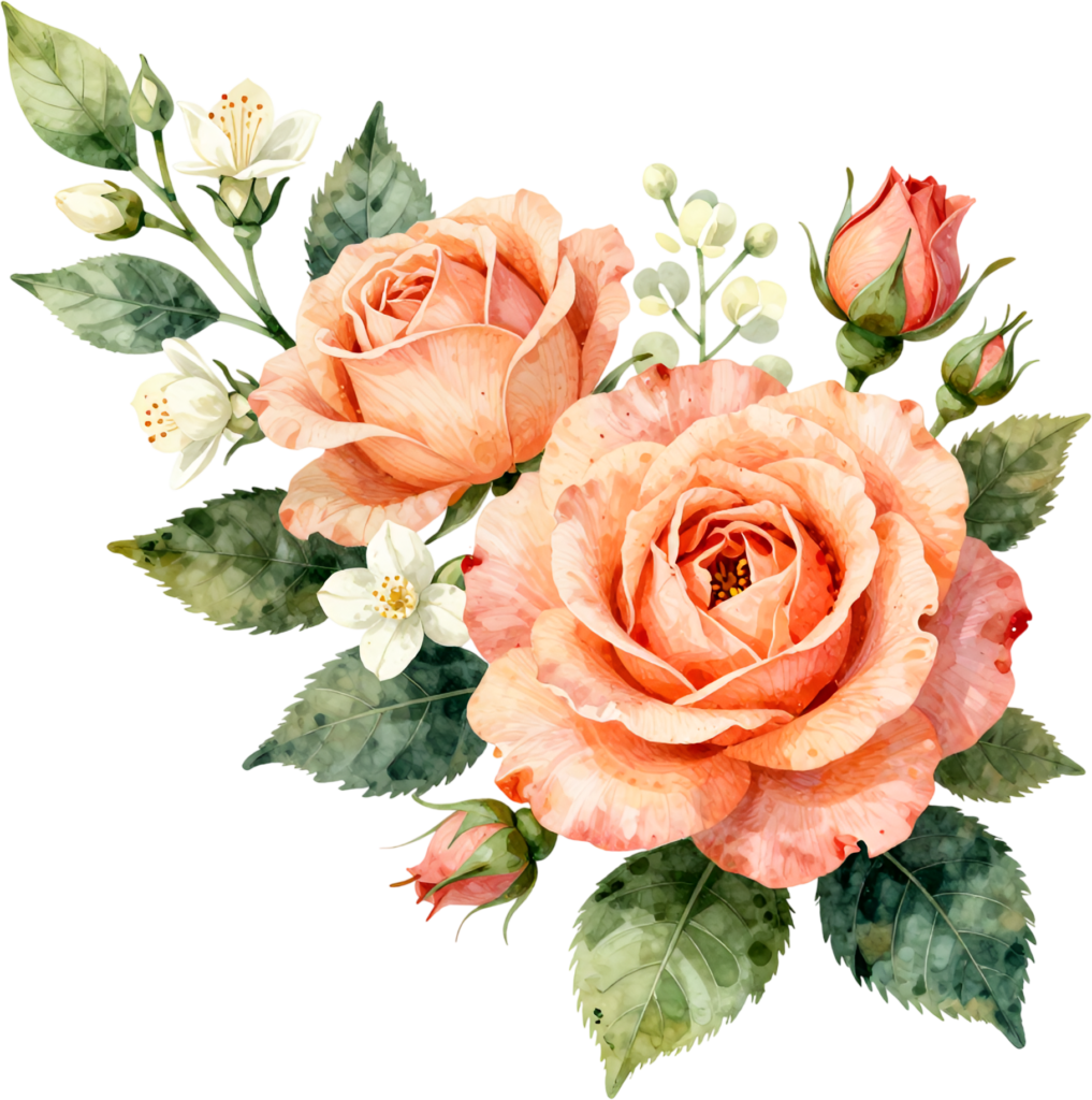 Peach roses with jasmine and lush green leaves, a beautiful Flower PNG Clipart corner graphic art 1 - Peach roses with jasmine and lush green leaves, a beautiful Flower PNG Clipart corner graphic art Free PNG Download