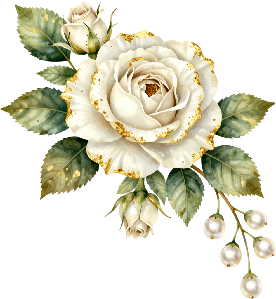 White rose embellished with gold glitter and pearls, a luxurious Flower PNG Clipart corner element 1 - White rose embellished with gold glitter and pearls, a luxurious Flower PNG Clipart corner element Free PNG Download