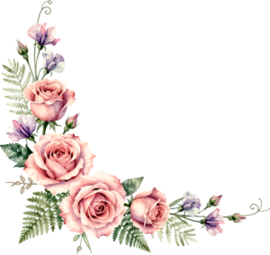 Sweet pea flowers with pink roses and ferns, a lovely corner Flower PNG Clipart for digital projects