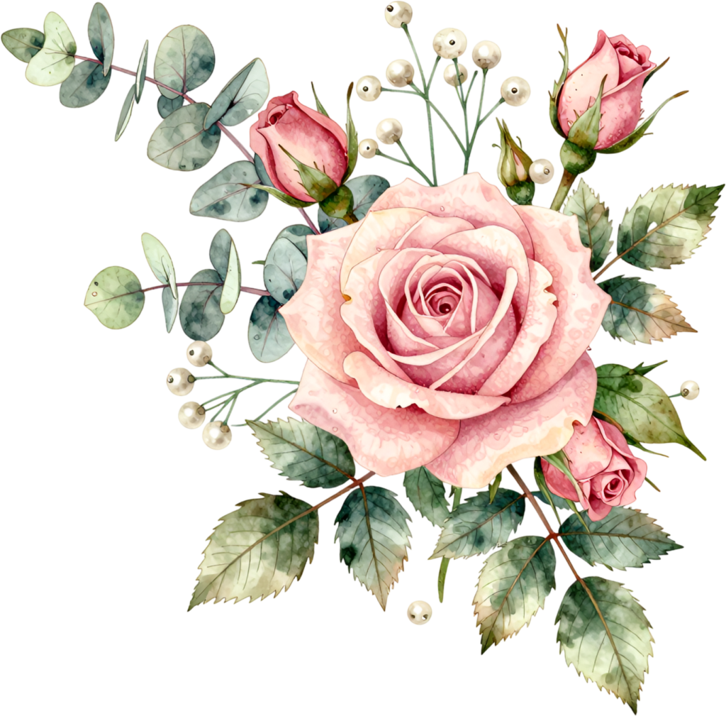 Pink rose with eucalyptus leaves and white berries, a charming Flower PNG Clipart corner element 1 - Pink rose with eucalyptus leaves and white berries, a charming Flower PNG Clipart corner element Free PNG Download