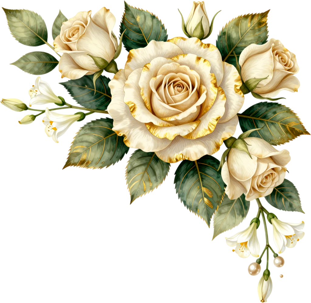 Golden accented white rose and lilies, a regal Flower PNG Clipart corner design element asset 1 - Golden accented white rose and lilies, a regal Flower PNG Clipart corner design element asset Free PNG Download
