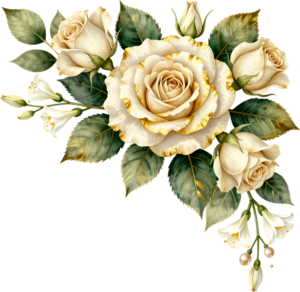 Golden accented white rose and lilies, a regal Flower PNG Clipart corner design element asset