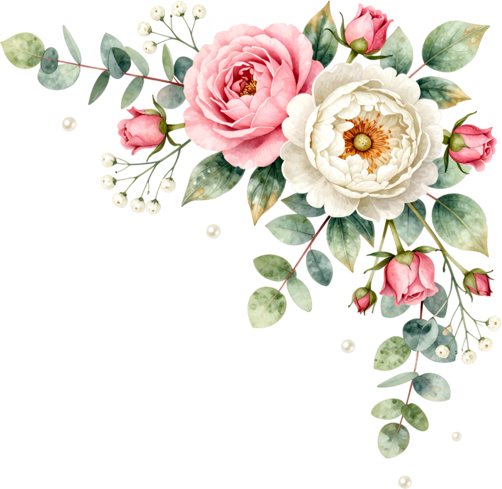 Peony and pink rose with eucalyptus and berries, a beautiful Flower PNG Clipart corner graphic 1 - Peony and pink rose with eucalyptus and berries, a beautiful Flower PNG Clipart corner graphic Free PNG Download
