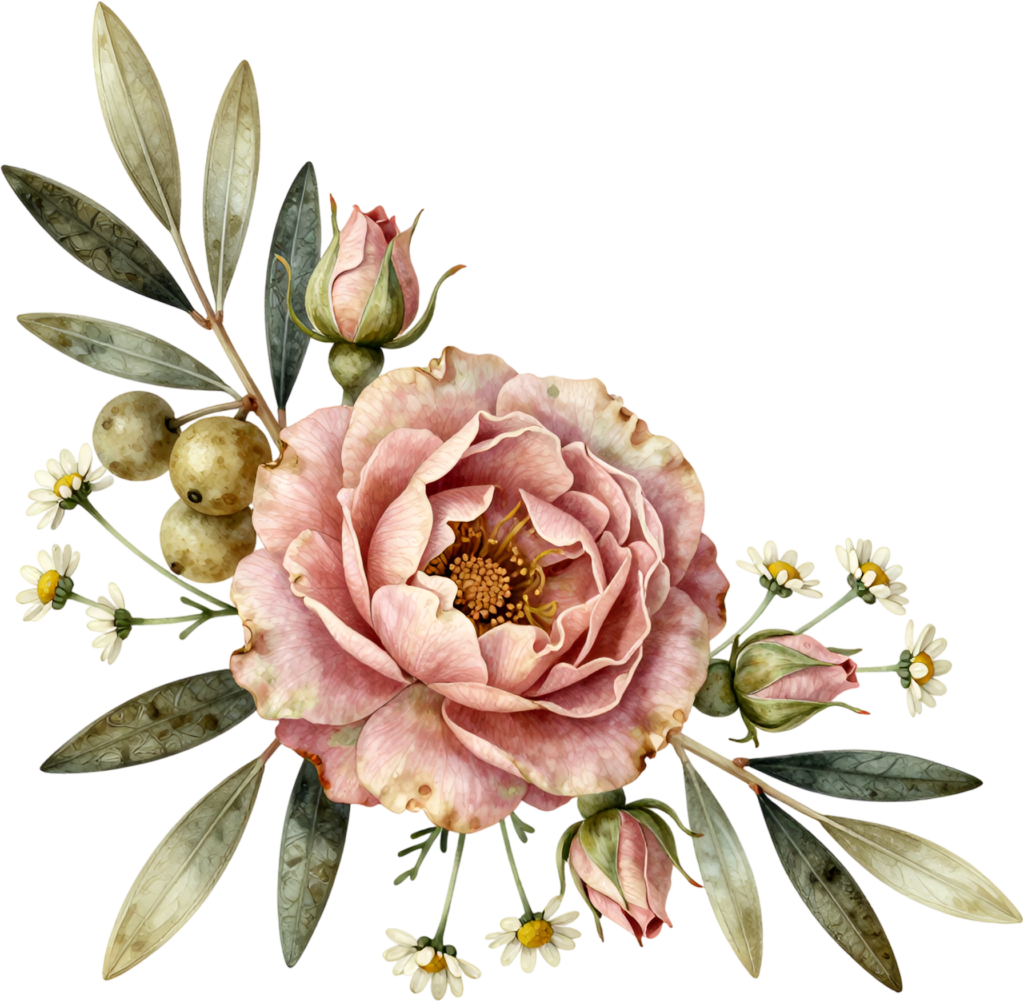Old garden rose with olive branches and daisies, a rustic Flower PNG Clipart corner arrangement 1 - Old garden rose with olive branches and daisies, a rustic Flower PNG Clipart corner arrangement Free PNG Download