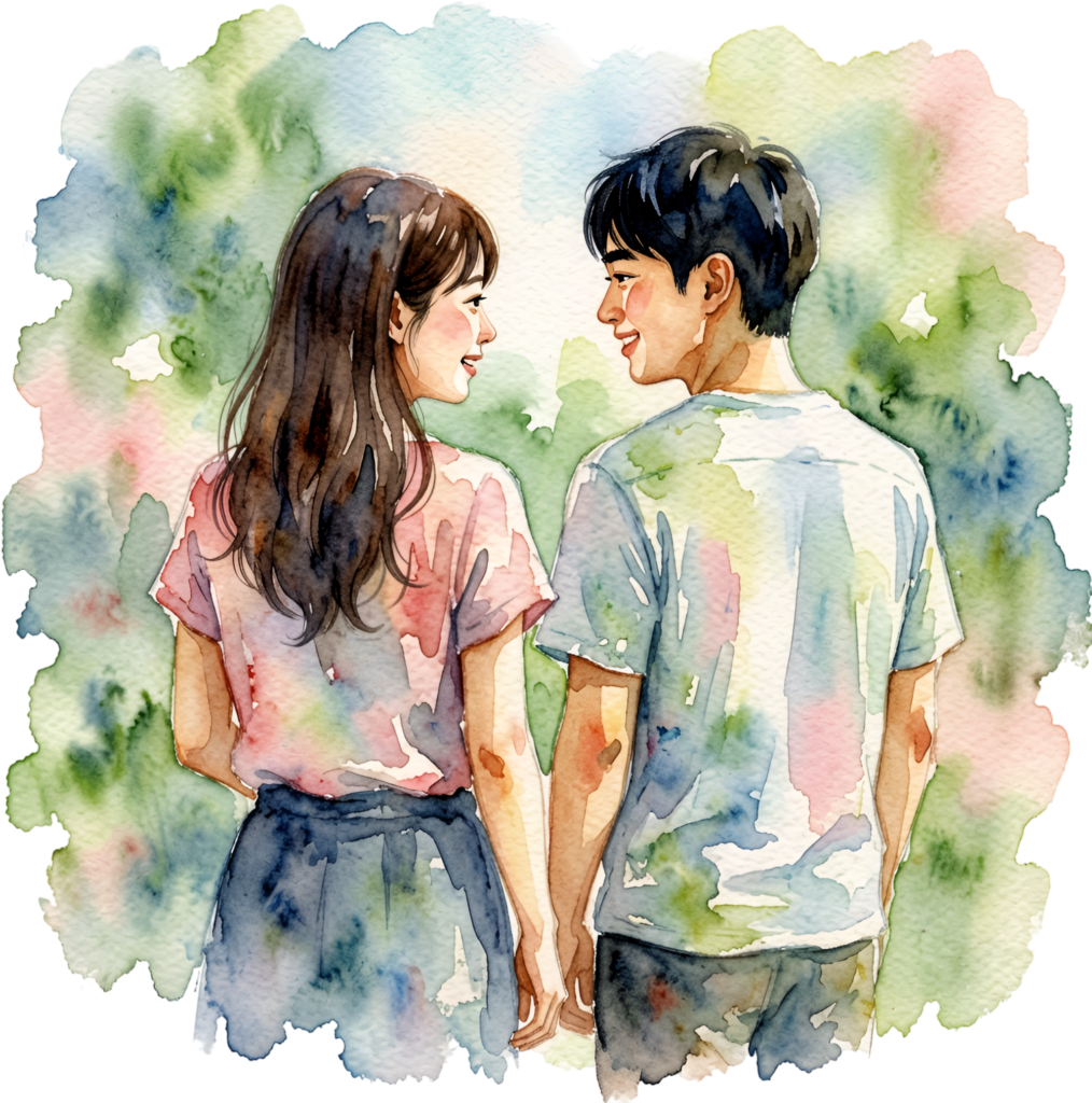 Couple holding hands watercolor illustration, a tender friends group PNG asset for romantic designs