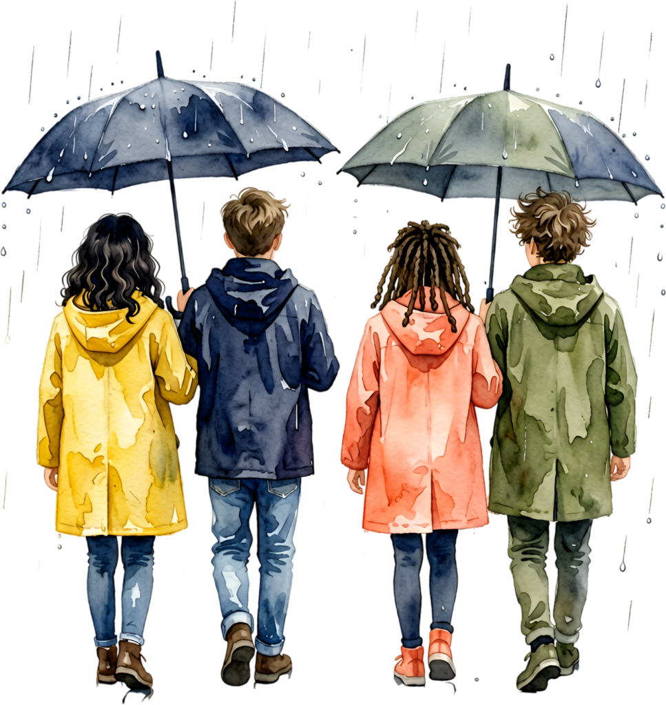Four friends walking in rain with umbrellas, a diverse group PNG illustration asset