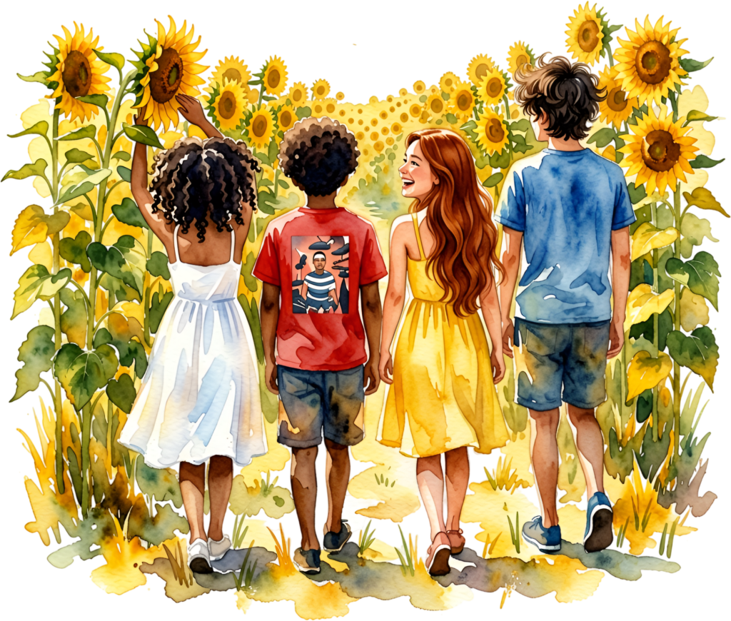 Sunflower field friends walking, a vibrant group PNG illustration for summer-themed designs