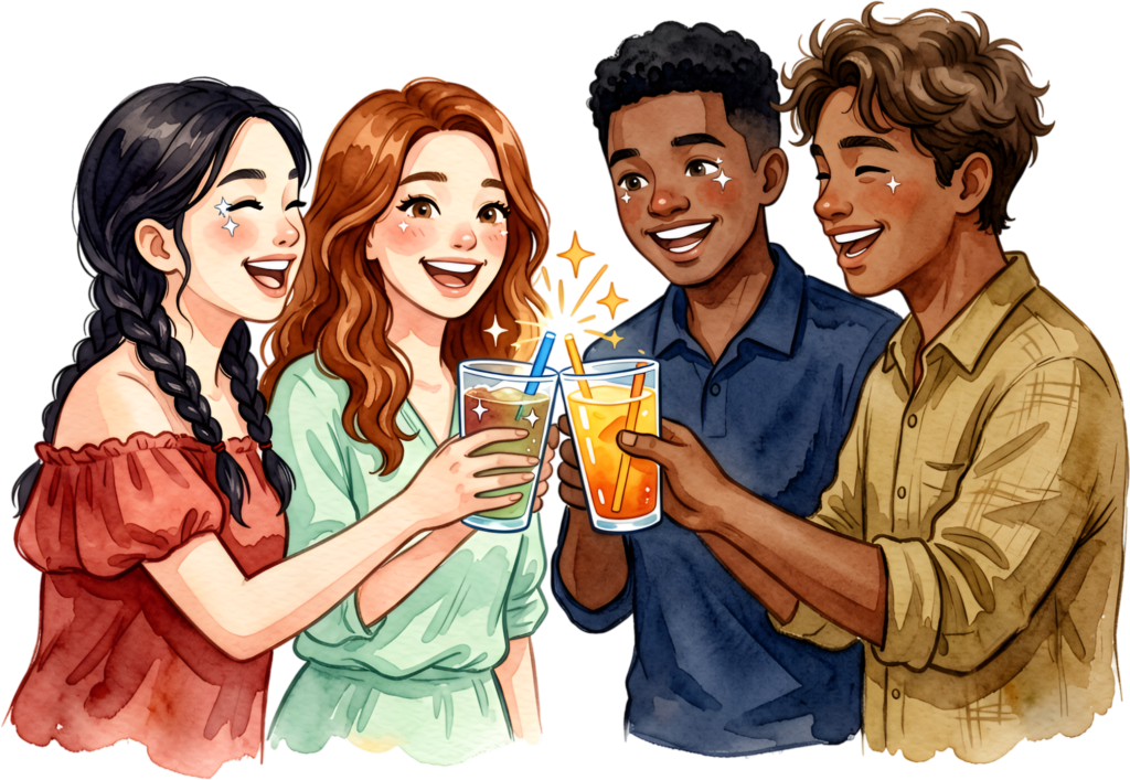 Friends toasting drinks watercolor illustration, a cheerful group PNG asset for celebration designs